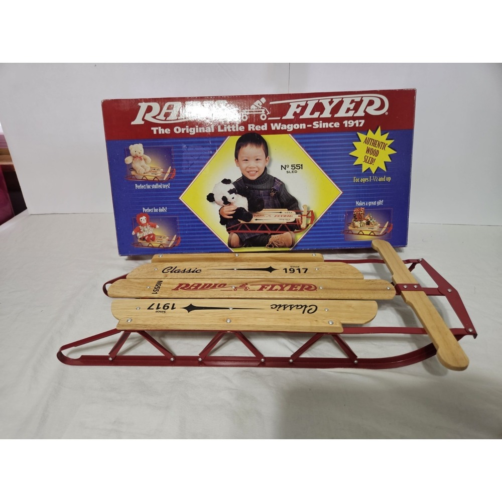 Radio Flyer No. 551 Authentic Wood Kids Sled, Traditional Red Metal Frame 1990s